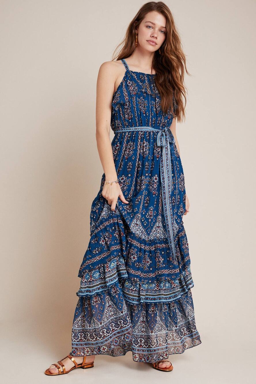 New Anthropologie Sasha Ruffled Tiered Maxi Dress $198 SMALL Blue Boho